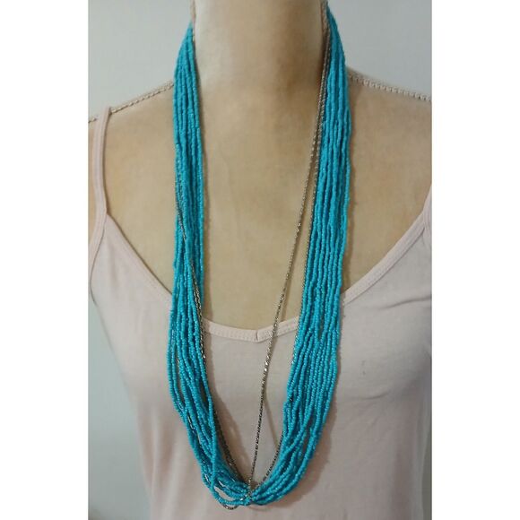 Vintage teal 34" multi-strand tiny glass? seed bead necklace silver accents boho - Picture 5 of 5